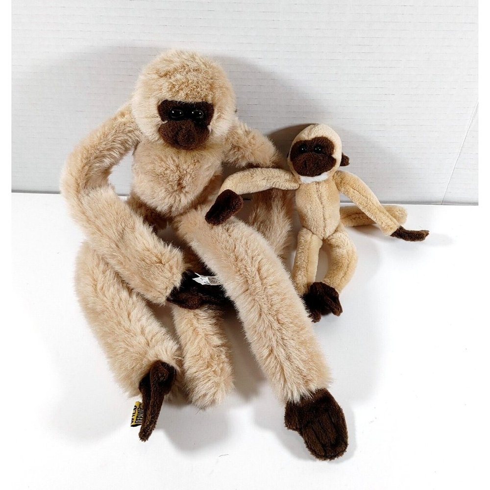 Wild Republic 16" Tan Beige Hanging Gibbon Monkey w/Baby Plush Stuffed Animals